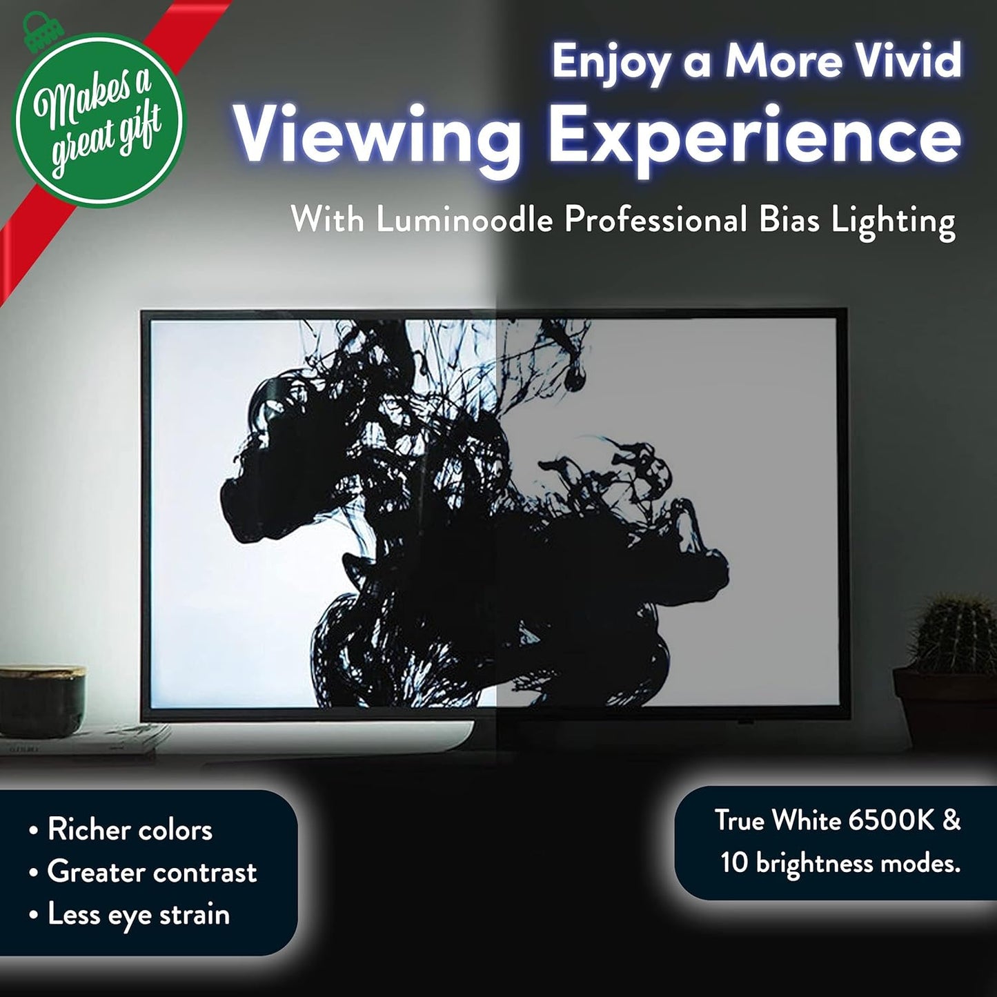 Luminoodle Color Bias Lighting, USB TV and Monitor Backlight LED Strip Lights Kit with Dimmer, Remote - 6.6 ft for 24" to 60" TV - Medium