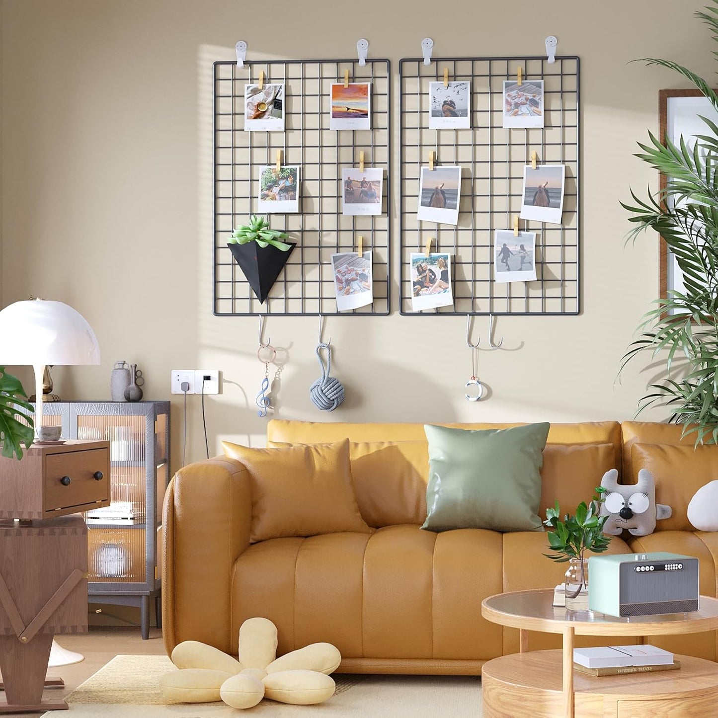 C&AHOME Photo Wall Display Set of 2, Grid Panel with Hooks, Clips, Hemp Cord, Hammer - 15.7" x 11.8", White UWWGM3402W