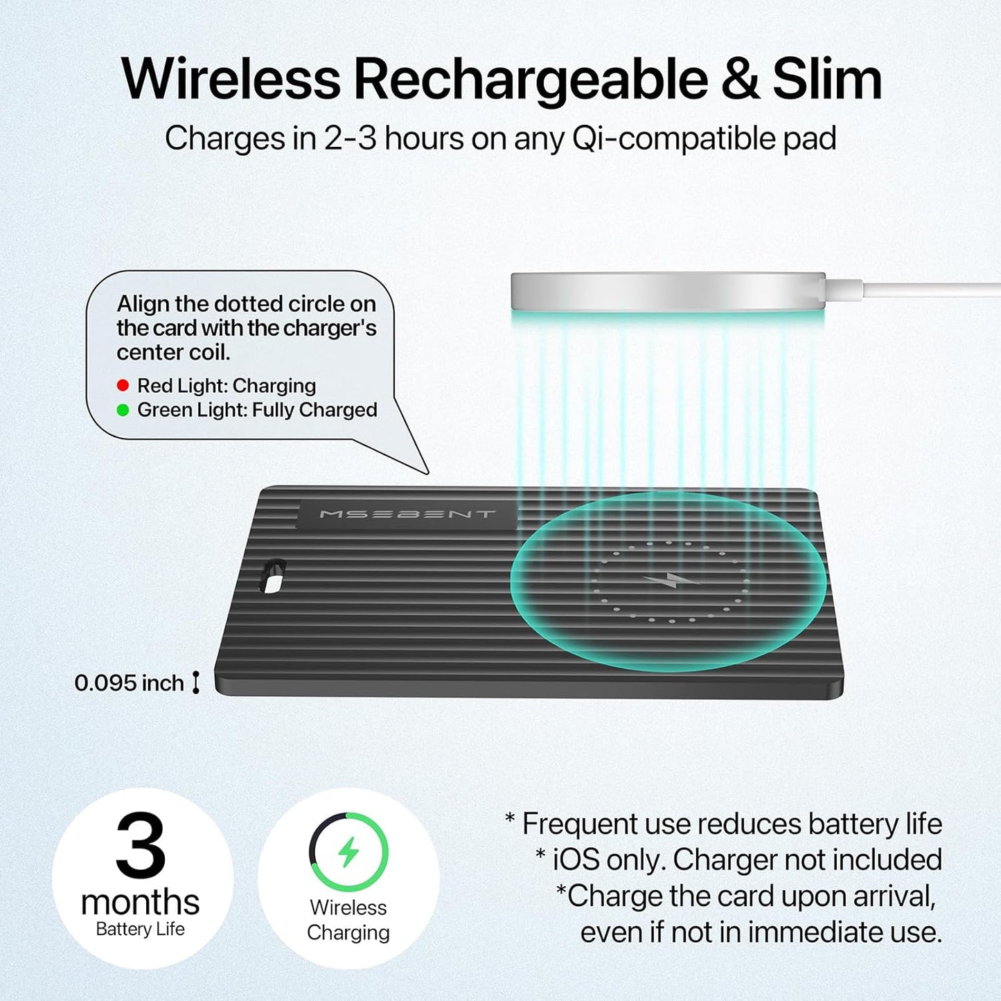 Wallet Tracker Card, Apple MFi Certified, Works with Apple Find My (iOS Only), Rechargeable Wireless Charging Slim Bluetooth Smart Tracking Card, Item Finder for Key, Passport, Luggage, Bag