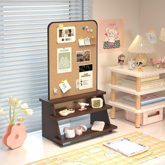 Cork Board with Storage Rack 13.38"x22.04"Bulletin Board Double-Sided Magnetic Thickened Desktop for Kids Home,Office,School Photo Display Board,Message Board,Vision Board (Wood Color)