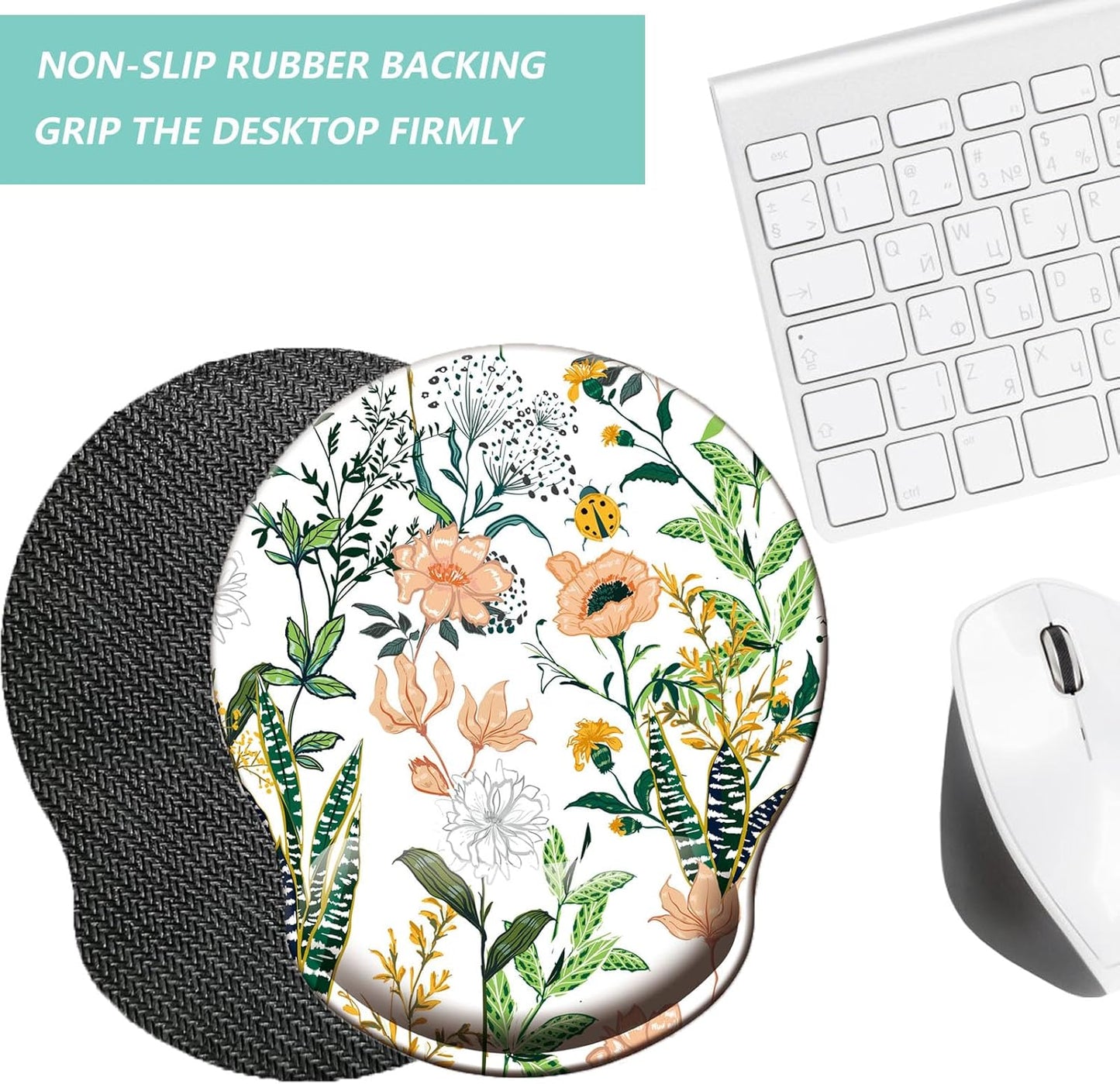 Mouse Pad with Wrist Support, Ergonomic Mouse Pad with Memory Foam Wrist Rest Cushion, Non-Slip Rubber Base Gaming Mice Pad for Home Office Computer Laptop, Flowers Grass