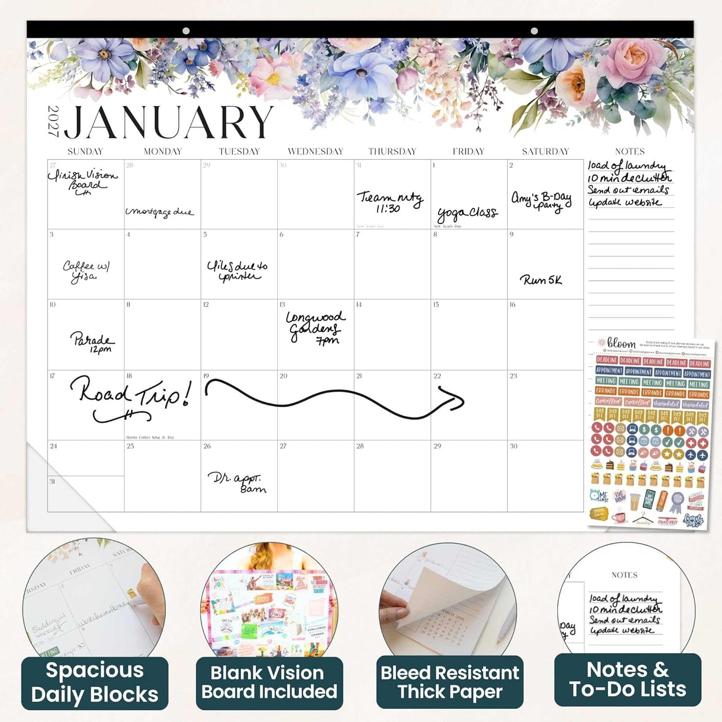 bloom daily planners Desk Calendar 2026-2027 - Academic Year Large Wall Calendar (July 2026 - July 2027) - 21” x 16” Desktop & Hanging Monthly Planner with Stickers for Home or Office - Seasonal