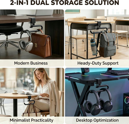 Desk Hook & Bag Hooks for Tables, Anti-Slip 60LB Heavy Duty Clamp-On Backpack Hanger, Extended Clearance Bag Holder for Desk for Office & Gaming, Adjustable (0.19-1.57in) (White)