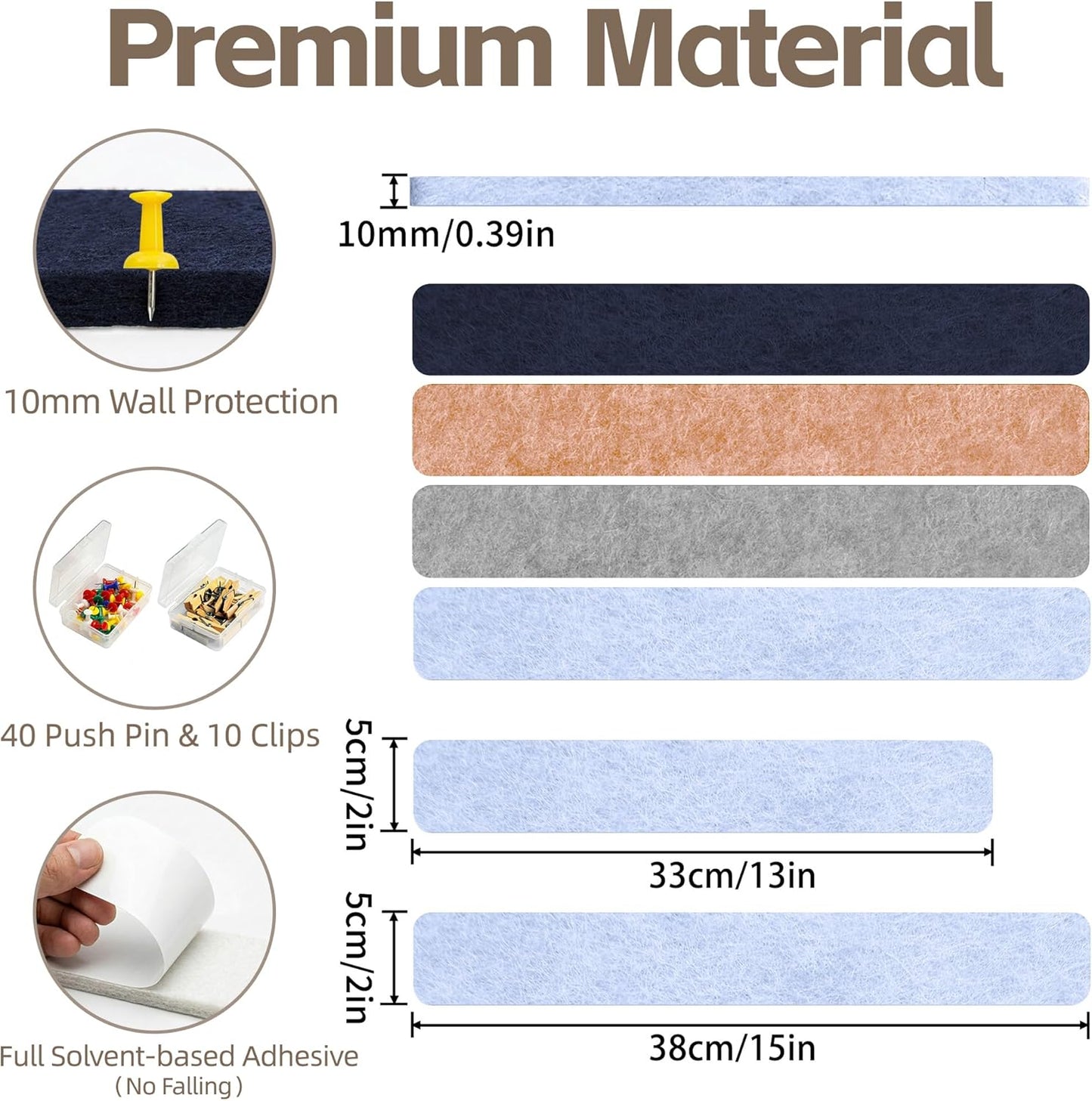 Cork Board for Walls - 8 Pack Felt Pin Board Bar Strips - Self-Adhesive Lightweight Bulletin Board - Cork Board for Office with 40 Push Pins No Damage for Wall