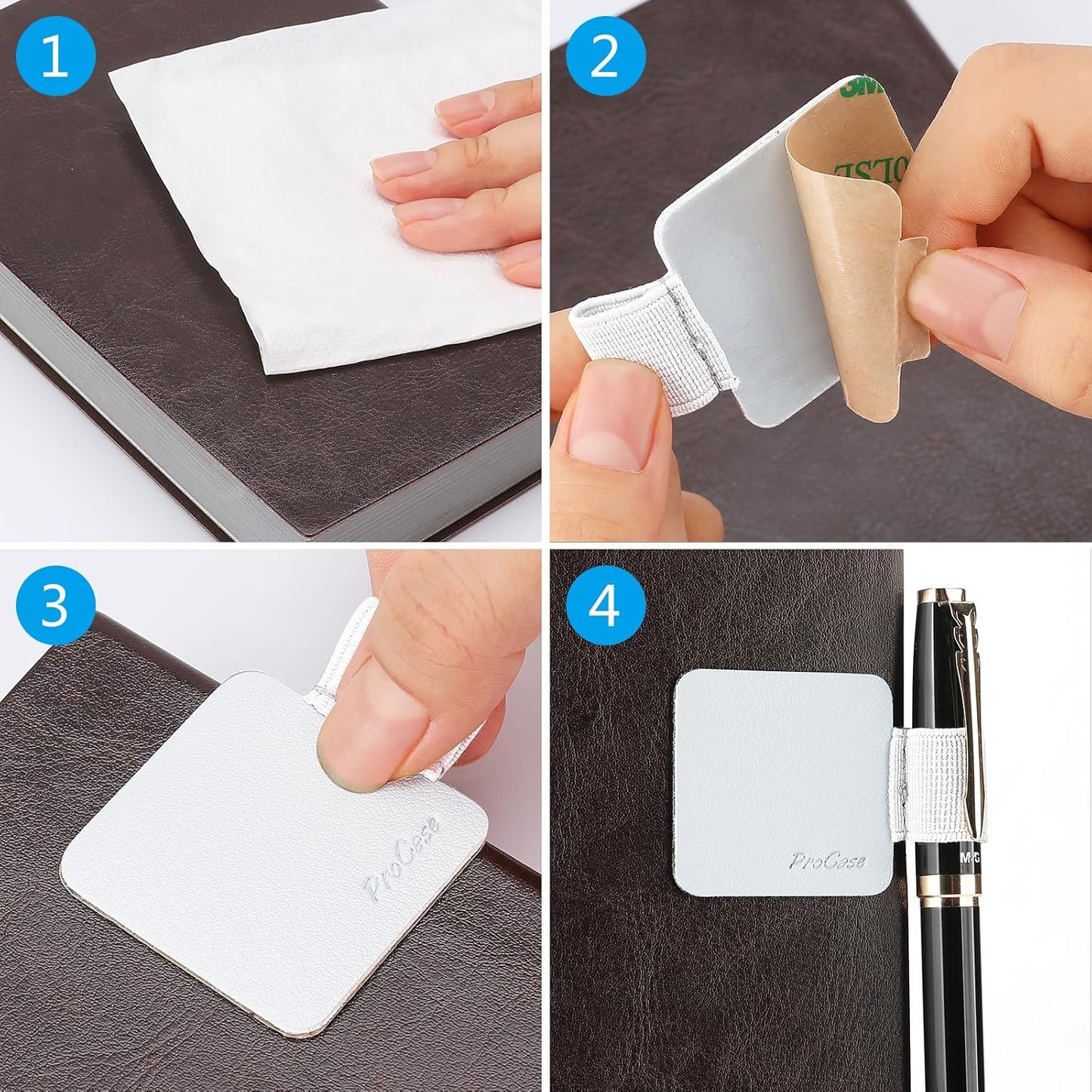 ProCase (5 Pack) Pen Loop Holder for Notebooks Journals Planners Tablet Case, Self Adhesive Leather Pencil Holder with Elastic Loop for Pens, Apple Pencil, Stylus Pen -Black