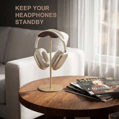 Headphone Stand, Walnut Wood & Aluminum Headset Stand, Nature Walnut Gaming Headset Holder with Solid Heavy Base for All Headphone Sizes (Black)