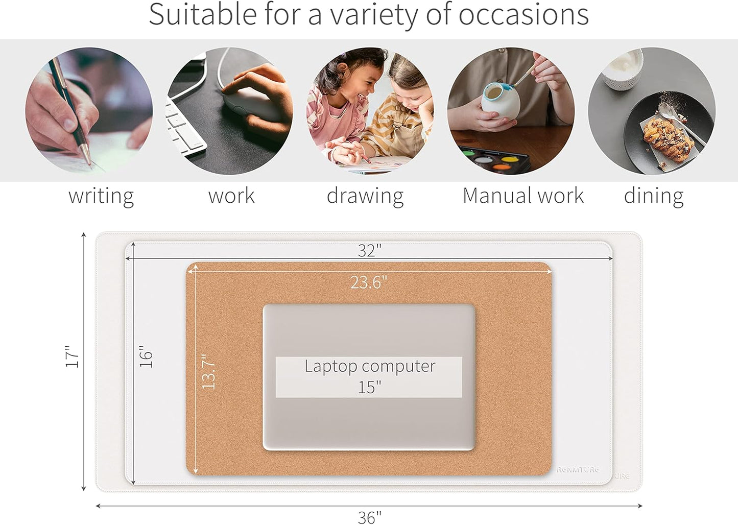 RENMTURE Dual-Sided Mouse Pad, Natural Cork & PU Leather Large Desk Pad for Office and Home Work, Desk Protector Non-Slip, Waterproof, Easy Clean (Olive Green, 32"x16")