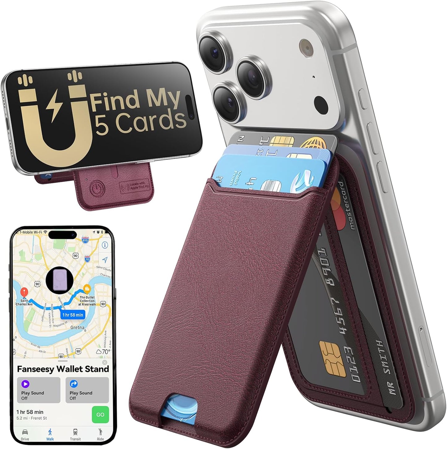 for MagSafe Wallet, Works with Apple Find My,5 Card Holder with Stand, Magnetic Phone Wallet Stand for iPhone 17/16/15/14/13/12 Pro Max Air Plus, RFID Blocking Vegan Leather,Black
