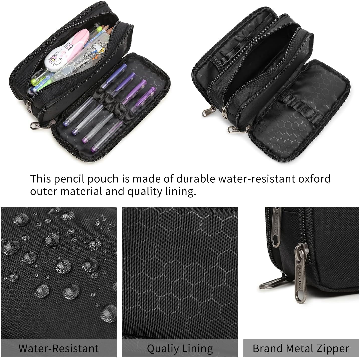 Della Gao Large Pencil Case, Big Capacity Pencil Pouch with 2 Compartments, Office Pencil Bag with Zipper, Big Pen Case for Adults (01-Black)