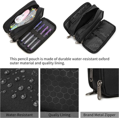 Della Gao Large Pencil Case, Big Capacity Pencil Pouch with 2 Compartments, Office Pencil Bag with Zipper, Big Pen Case for Adults (01-Black)