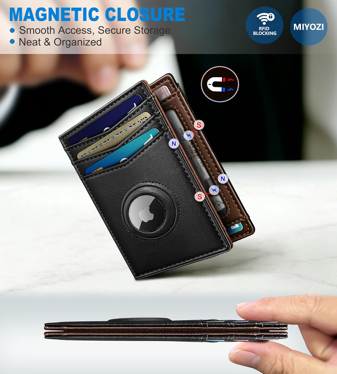 miyozi Airtag Slim Leather Wallet for Men - 12-Card Capacity, Magnetic Closure, Money Clip & Simplified Bill Compartment, RFID Blocking (4.3" x 3.0") | Gift Boxed