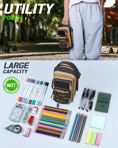 RXW Large Capacity Pencil Pouch for Boys, Tactical EDC Zippered Pencil Bag, Small Tool Pouch for Adults (includes US Flag Patch + 2 MOLLE Straps) (Black)