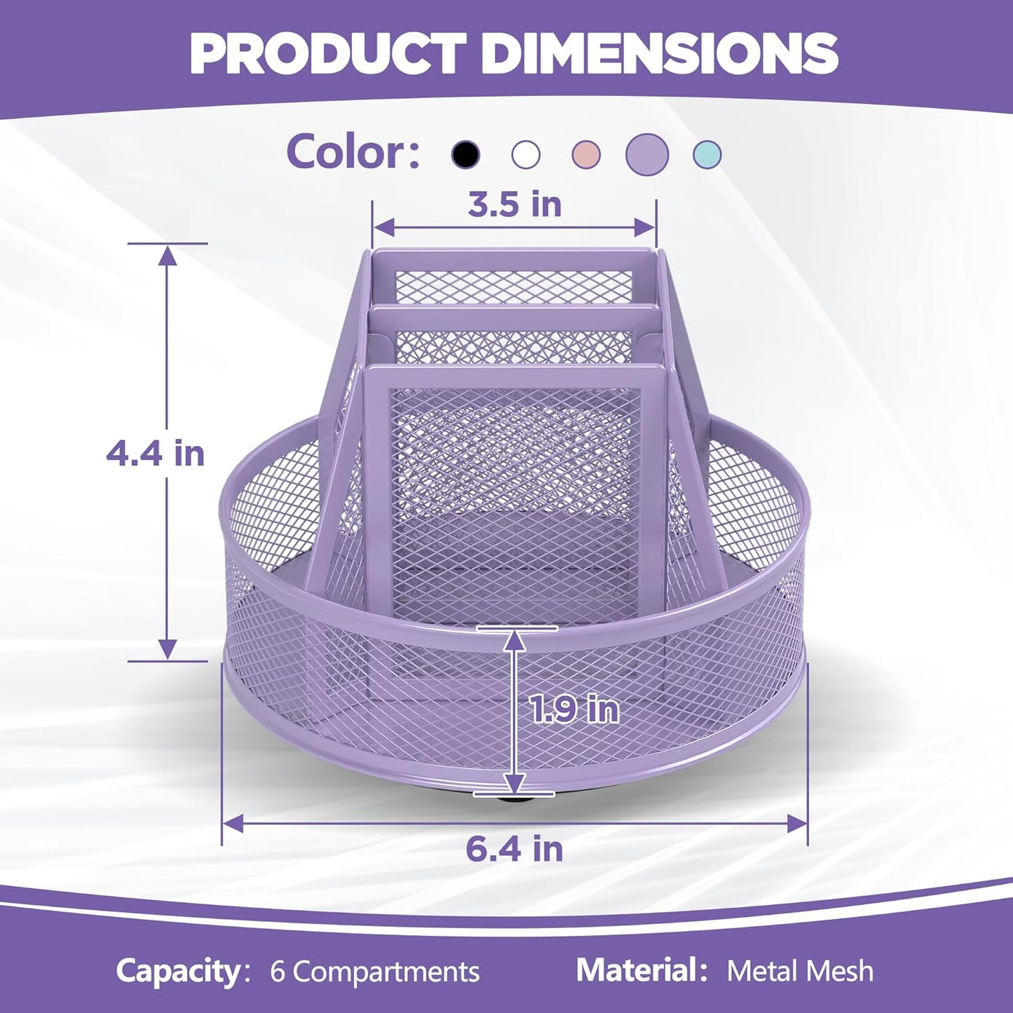 Docnest 360° Rotating Pen Holder,Heavy-Duty Metal Mesh Desk Organizer with 6 Compartments for Pencils,Scissors & Markers –Space Saving Office Supply for Teachers, Students & Home Desk-Black