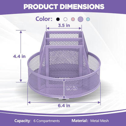 Docnest 360° Rotating Pen Holder,Heavy-Duty Metal Mesh Desk Organizer with 6 Compartments for Pencils,Scissors & Markers –Space Saving Office Supply for Teachers, Students & Home Desk-Black