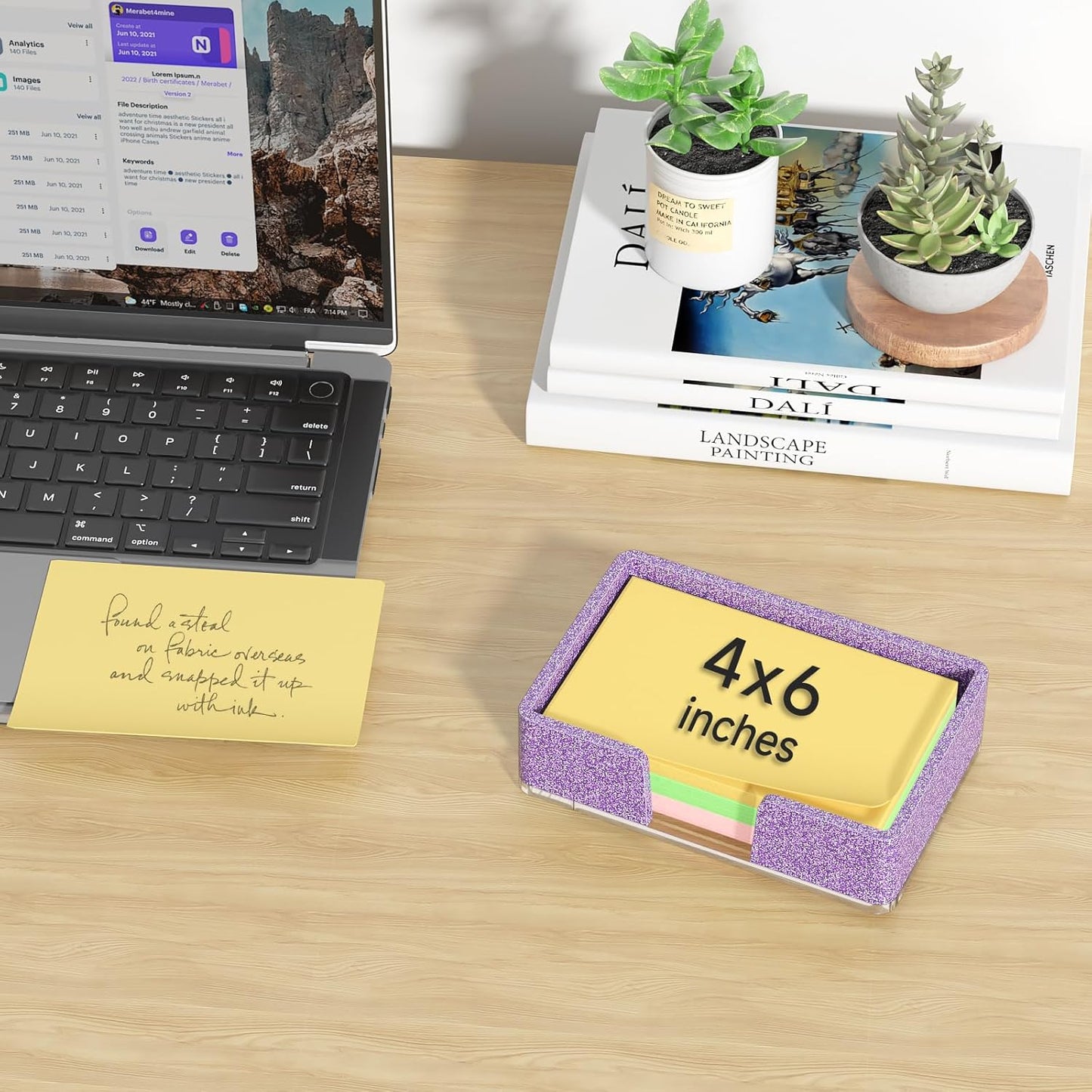 Sticky Note Holder, Glitter Pink Acrylic Notepad Holder 3x3 in Self-Stick Note Dispenser Office Desk Accessories, Memo Pad Holder Organizer for Classroom School Supplies