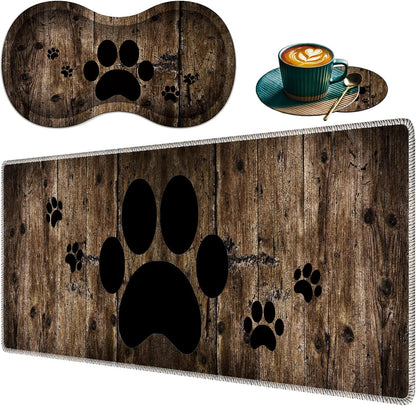 Mouse Wrist Rest and Keyboard Wrist Rest Pad Set, Non-Slip Rubber Base Smooth Surface Ergonomic Gaming Mouse Pad for Easy Typing and Pain Relief, Antique Blue Wood Grain Dog Paw + Coaster