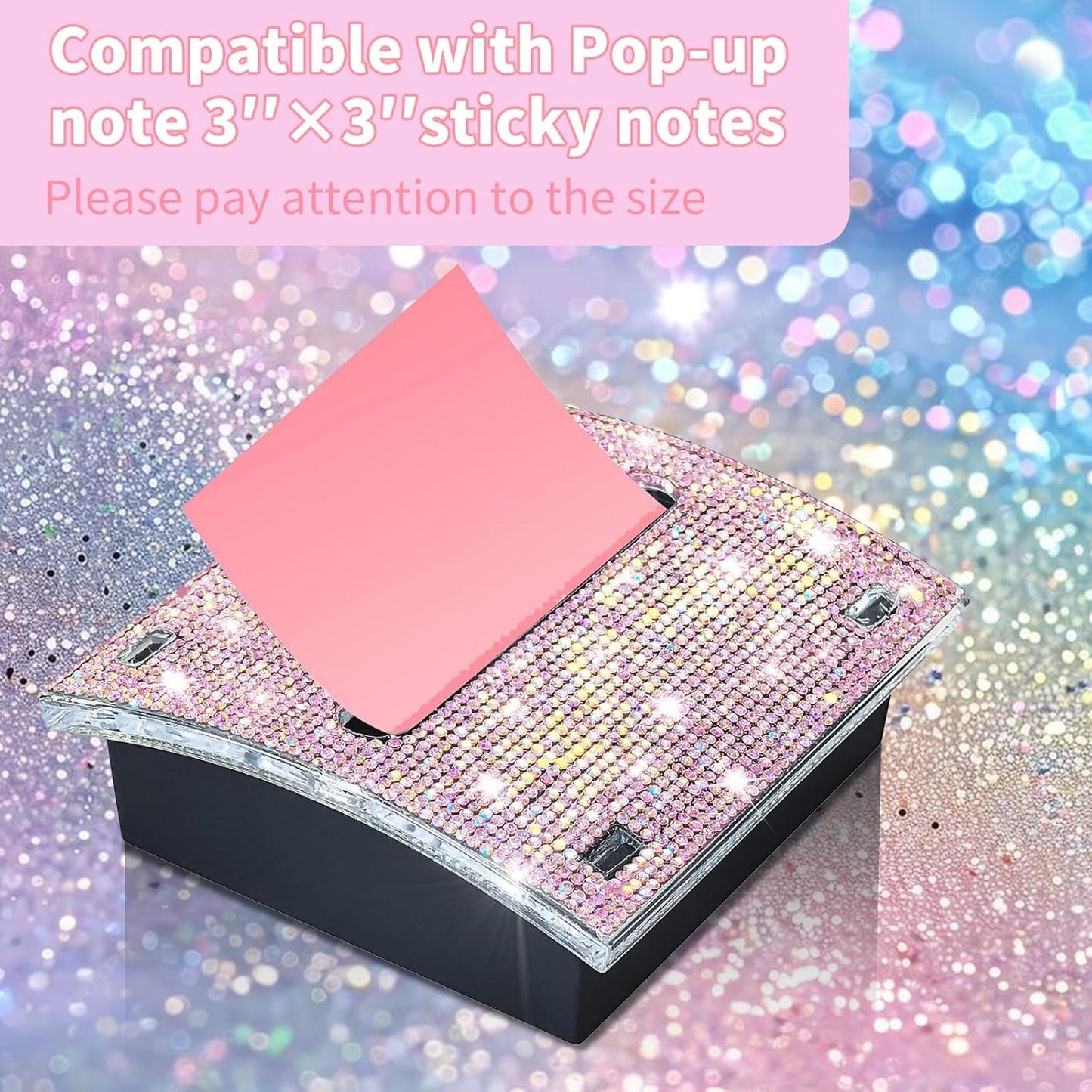 Rhinestone Self Sticky Note Holder Post it Note Dispenser Pop-Up Sticky Notes Dispenser 4 x 4 inch Post it Dispenser for Office Desk Accessories(Pink)