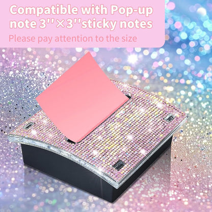 Rhinestone Self Sticky Note Holder Post it Note Dispenser Pop-Up Sticky Notes Dispenser 4 x 4 inch Post it Dispenser for Office Desk Accessories(Pink)
