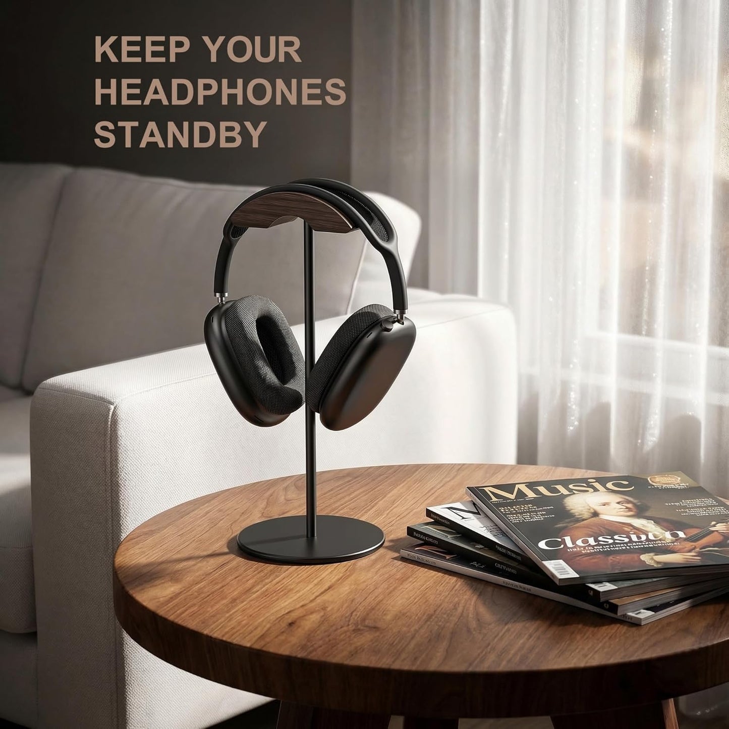 Headphone Stand, Walnut Wood & Aluminum Headset Stand, Nature Walnut Gaming Headset Holder with Solid Heavy Base for All Headphone Sizes (Black)