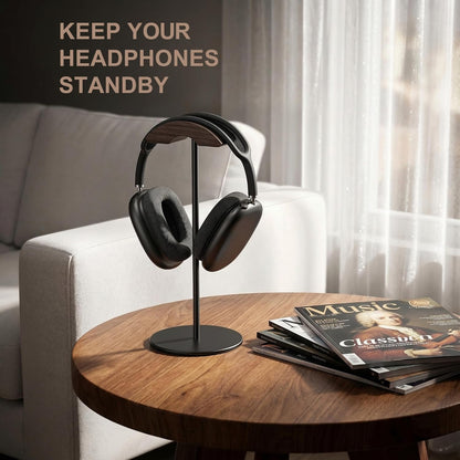 Headphone Stand, Walnut Wood & Aluminum Headset Stand, Nature Walnut Gaming Headset Holder with Solid Heavy Base for All Headphone Sizes (Black)
