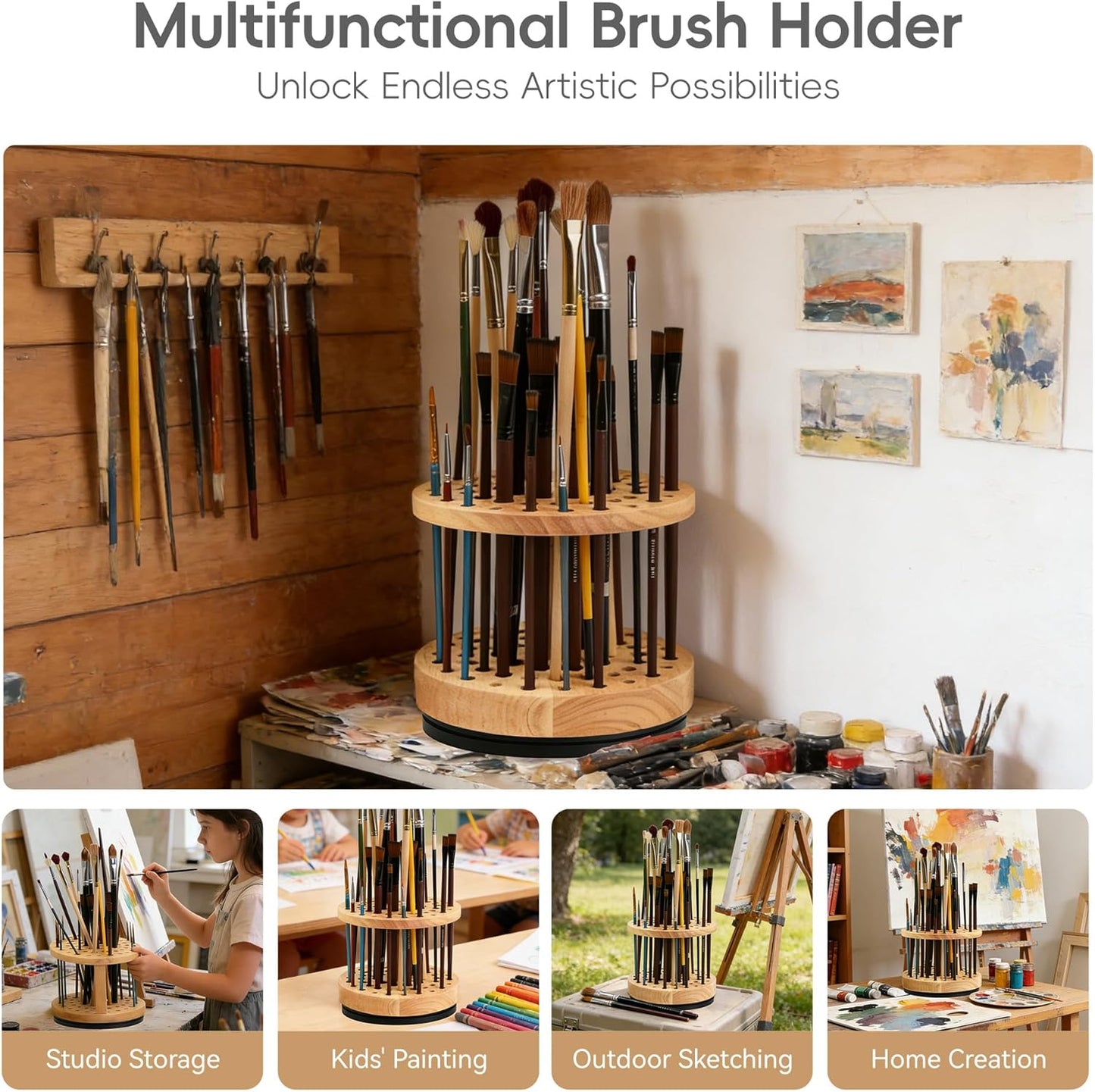 360° Rotating Brush Storage Rack|52-Hole Brush Holder|Hardwood Storage Stand|Space-Saving Brush Organizer|Suitable for Artist Brushes,Craft Tools, Makeup Brushes,Calligraphy Pens