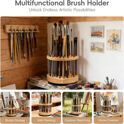 360° Rotating Brush Storage Rack|52-Hole Brush Holder|Hardwood Storage Stand|Space-Saving Brush Organizer|Suitable for Artist Brushes,Craft Tools, Makeup Brushes,Calligraphy Pens