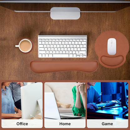MOSISO Wrist Rest Support for Mouse Pad & Keyboard Set, Ergonomic PU Leather Keyboard and Mousepad with Wrist Rest&Coaster Non-Slip Base Home/Office Easy Typing Cushion with Raised Memory Foam, Brown