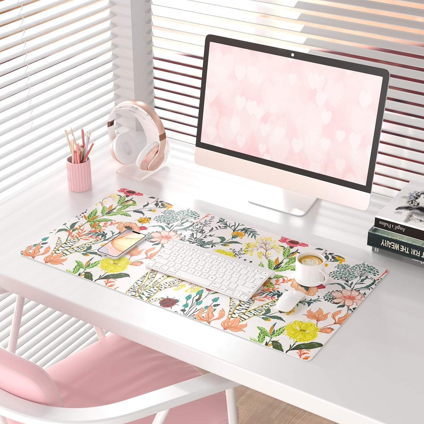 QIYI Large Mouse Pad, Cute Pink Desk Mat for Desktop, Women Girls PU Leather Desk Pad Waterproof Gaming Mousepad, Rose Gold Marble Computer Protector Writing Pad for School Office Home 31.5" x 15.7"
