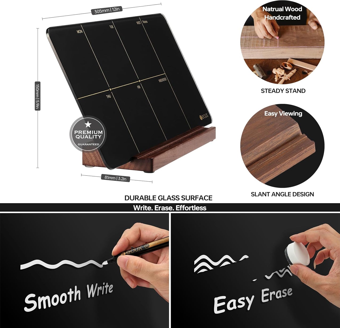 Desktop Glass Weekly Planner Whiteboard with Detachable Wood Stand,Small Portable Dry Erase Calendar to Do List White Board 12x6 for Office, Home, Schools, Marker&Eraser Included, Yeoux