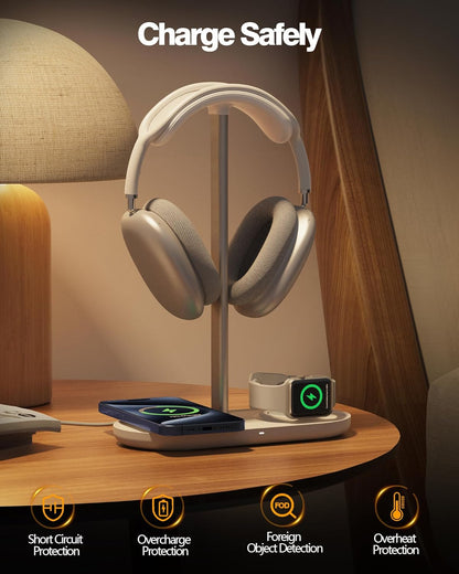 HiWe 4-in-1 RGB Gaming Headphone Stand with Dual Controller Holder, Wireless Charger for iPhone/Apple Watch, USB-A & USB-C Outputs, Adapter Included, Black