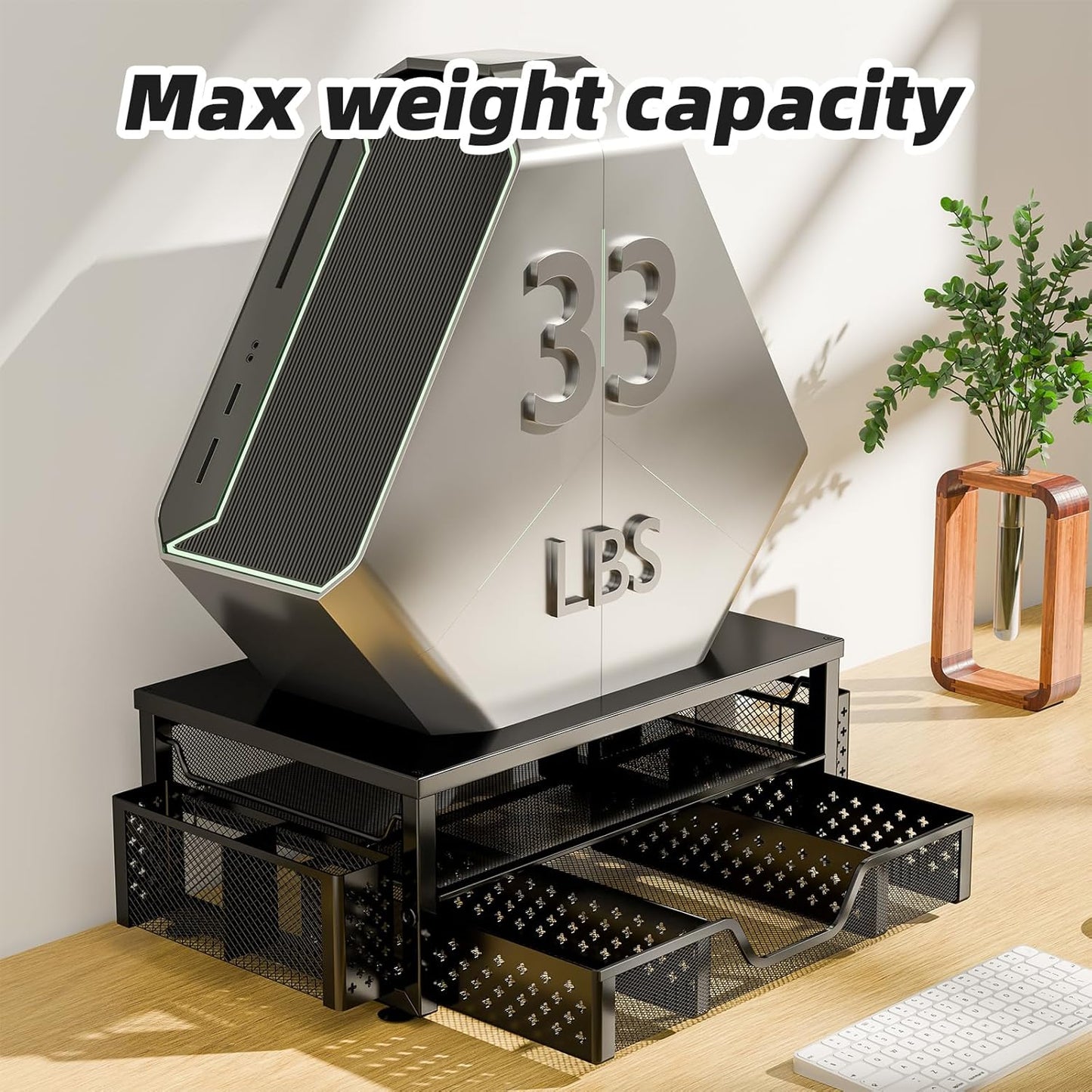 Simple Trending Desk Organizer and Accessories, 2 Tier Computer Metal Monitor Stand Riser with Drawer and Pen Holder for Laptop, Computer, iMac, Black