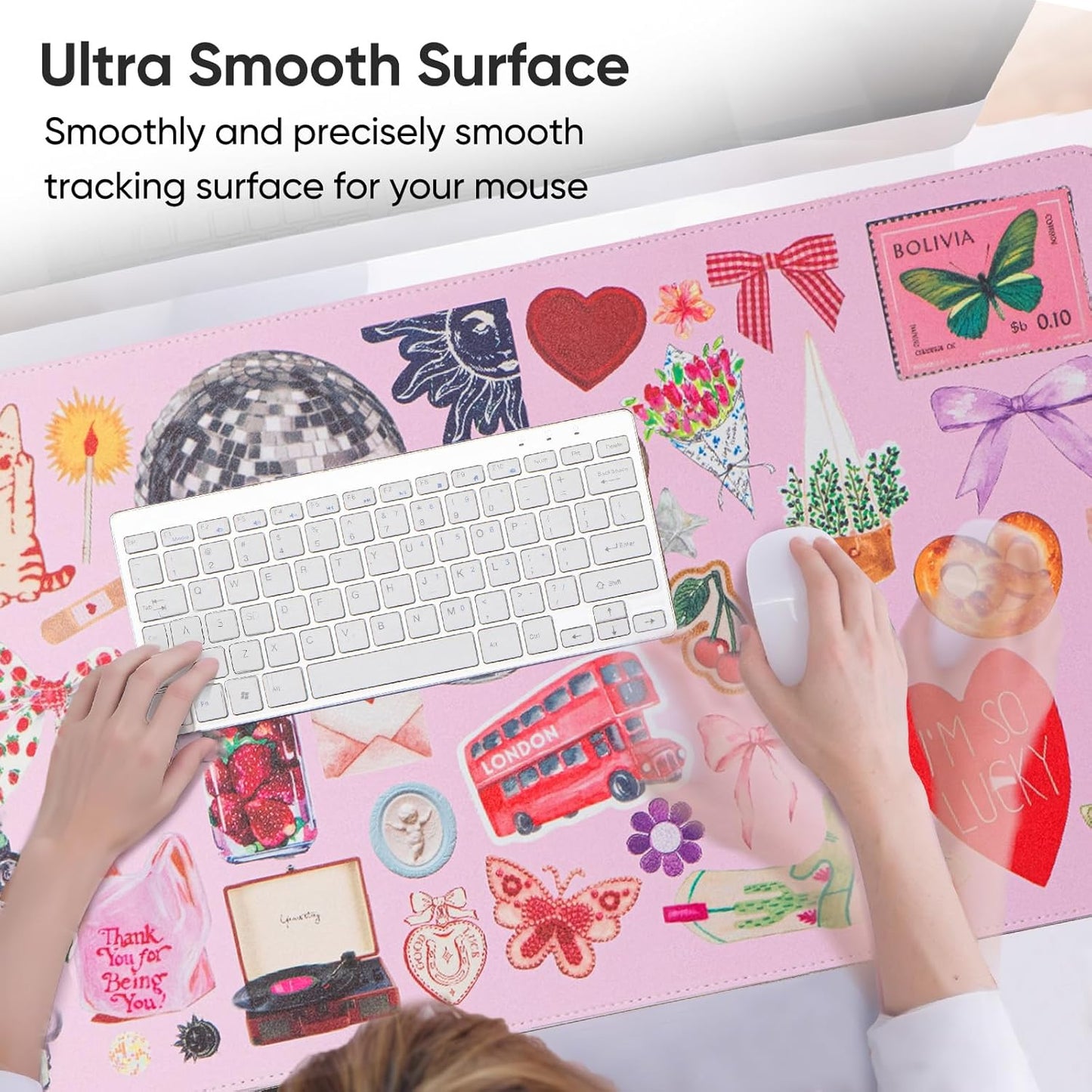 Pink Desk Mat, Leather Desk Pad Blotter Protector, XXL Large Mouse Pad,Computer Laptop Mouse Pads for Desktop,Waterproof Writing Anti-Slip Mousepad for Office and Home I Colorful Stickers