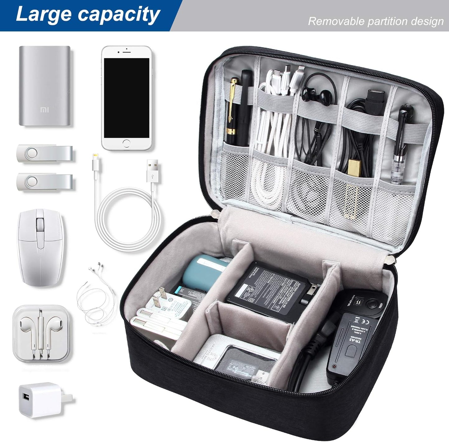 SELLYFELLY Electronic Bag Travel Cable Accessories Bag Waterproof Double Layer Electronics Organizer Portable Storage Case for Cable, Cord, Charger, Phone, Adapter, Power Bank, Kindle, Hard Drives
