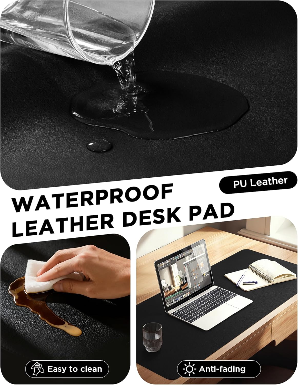 YSAGi 35.4" x 17" Large PU Leather Desk Mat for Keyboard and Mouse - Waterproof Non-Slip Desk Pad Protector for Office, Home, Writing Desk, Black