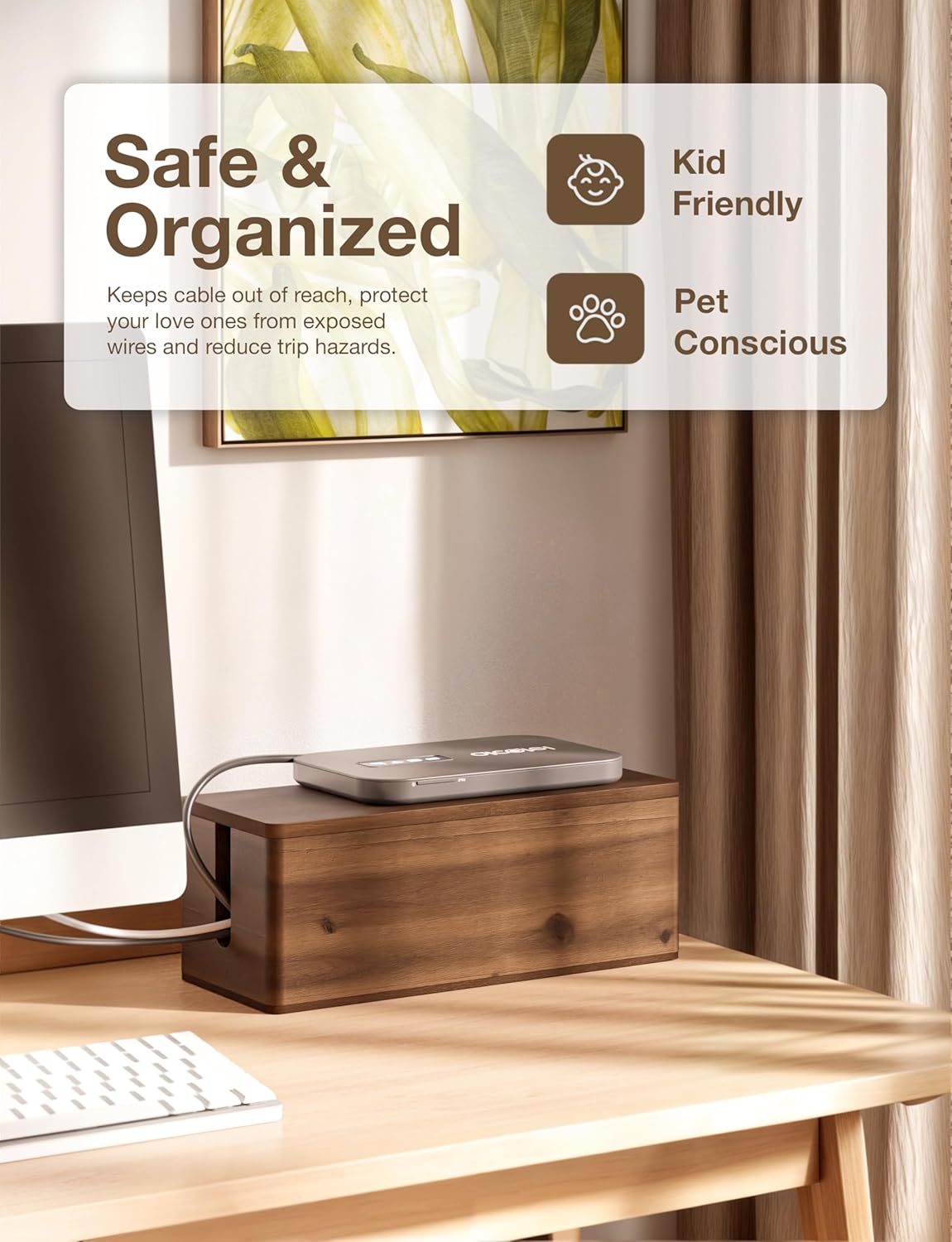 TIDITA Acacia Wood Cable Management Box Round Edge - 16" L Wooden Cable Organizer Box for Electrical Hiding Cord Management - Power Strip Hider Cable Storage Box for Office, Router Wires, Under Desk