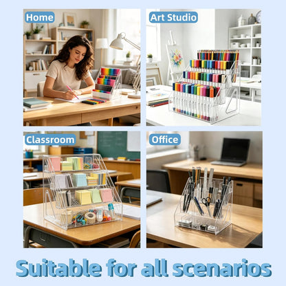3-Tier Acrylic Desk Organizer, Multi-Slot Marker & Pen Storage Holder, Clear Vertical Desktop Stationery Rack for Small Art Supplies, Compact Office & Home Workspace Organizer