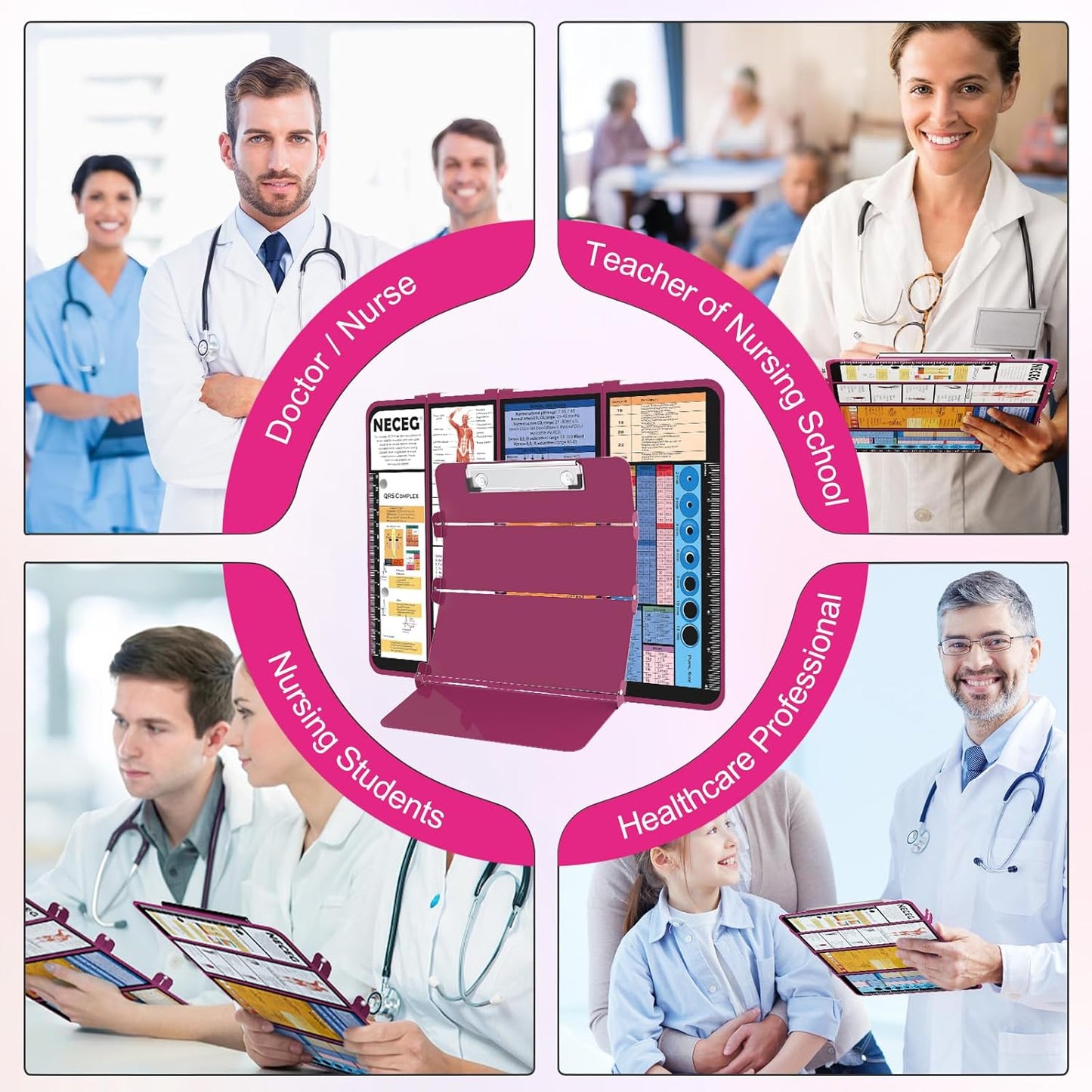 Nursing Clipboard Foldable-4 Layers Aluminum Nurse Foldable Clipboard Nursing Medical Edition Cheat Sheets, Pocket Size Pen Clip for Nurses Students School and Doctors-Pink