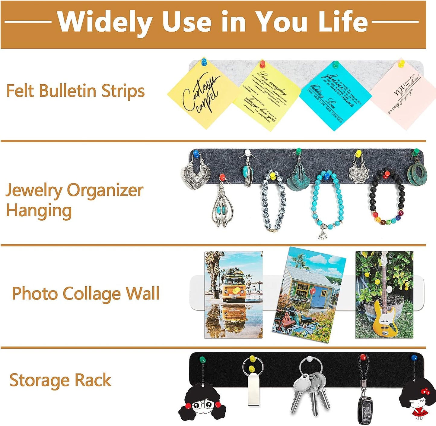 Felt Pin Board Bar Strips Bulletin Board for Bedrooms Offices Home Wall Decoration, Notice Board Self Adhesive Cork Board with 35 Push Pins for Paste Notes, Photos, Schedules