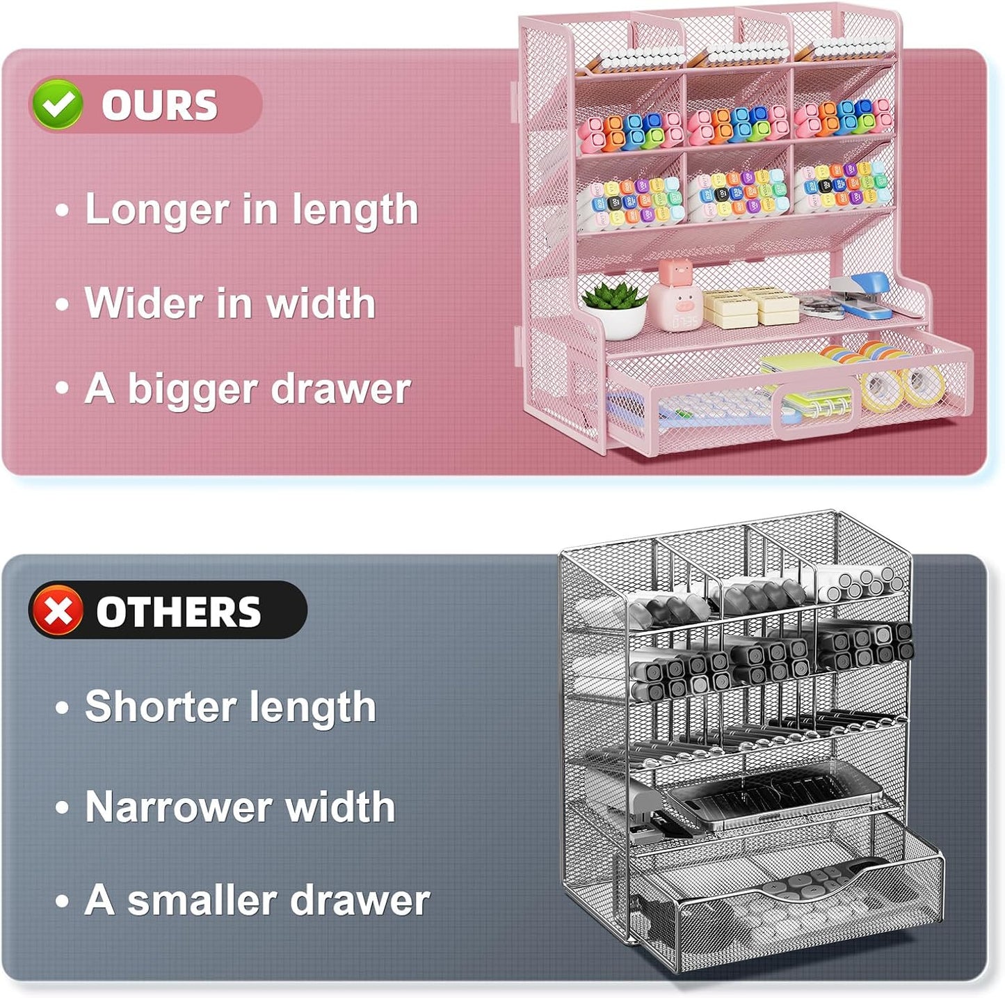 Marbrasse Larger Mesh Desk Organizer with Drawer, Multi-Functional Pen Pencil Holder, Easy Assembly, Desk Organizers and Accessories for Office Art Supplies (Black)
