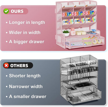 Marbrasse Larger Mesh Desk Organizer with Drawer, Multi-Functional Pen Pencil Holder, Easy Assembly, Desk Organizers and Accessories for Office Art Supplies (Black)