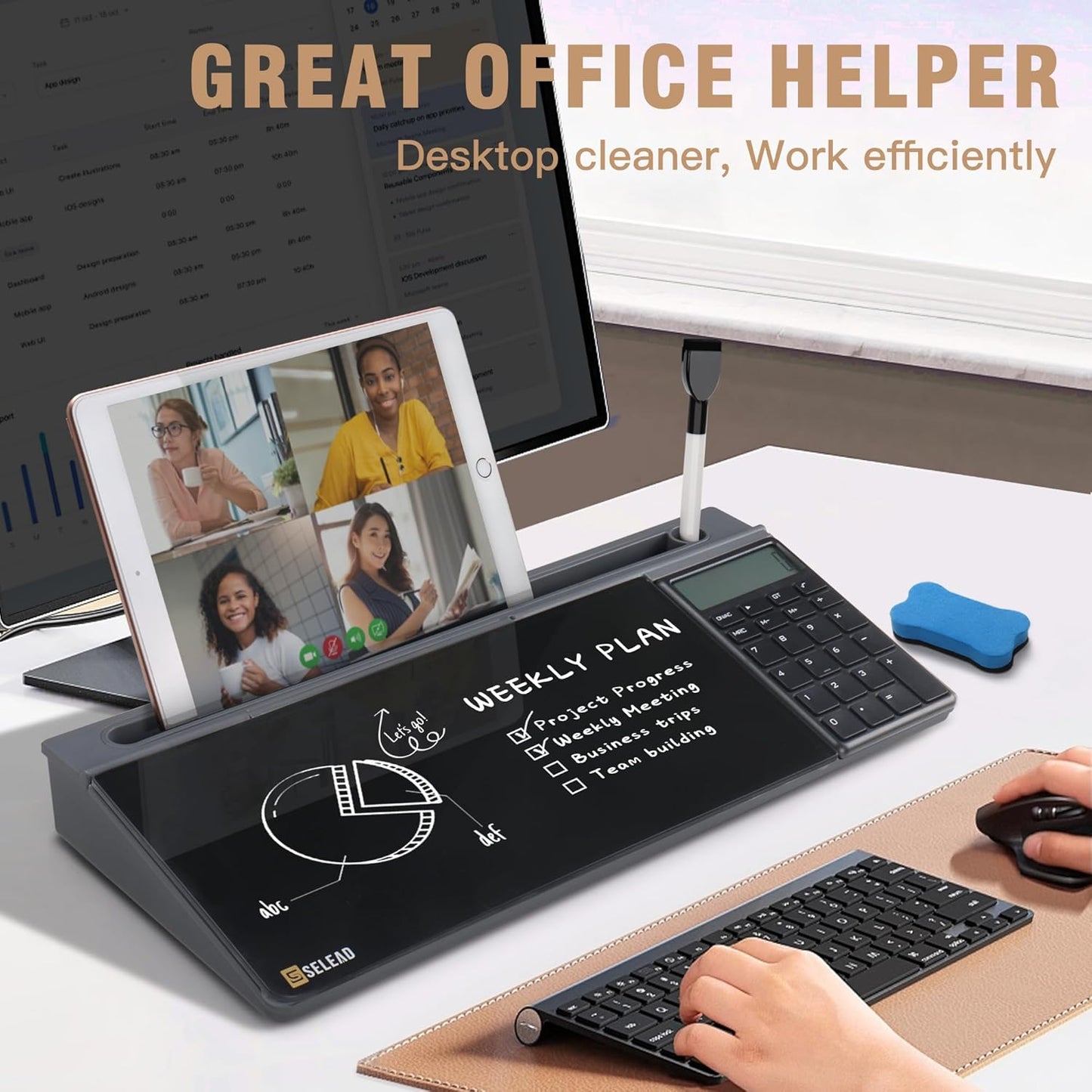 SELEAD Desktop Glass Whiteboard with Wireless Charger Station, Dry Erase Board Computer Pad Keyboard Stand with Organizer for Home, School, Office Desk Accessories, Black