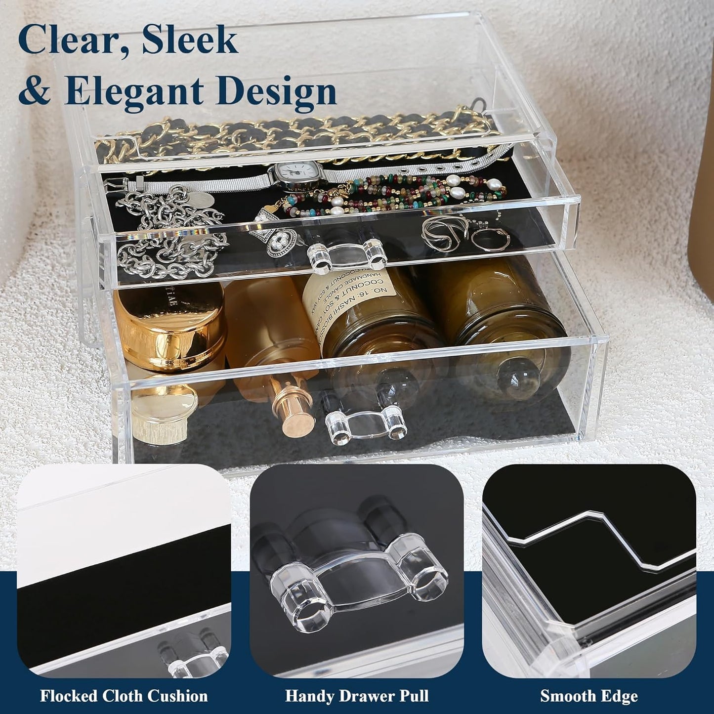 Sea Team Clear Makeup Organizer with Drawers, Acrylic Plastic Cosmetic Display Case, Jewelry Storage Box, Holder for Dresser, Bathroom, Vanity, Countertop (3 Middle Drawers)