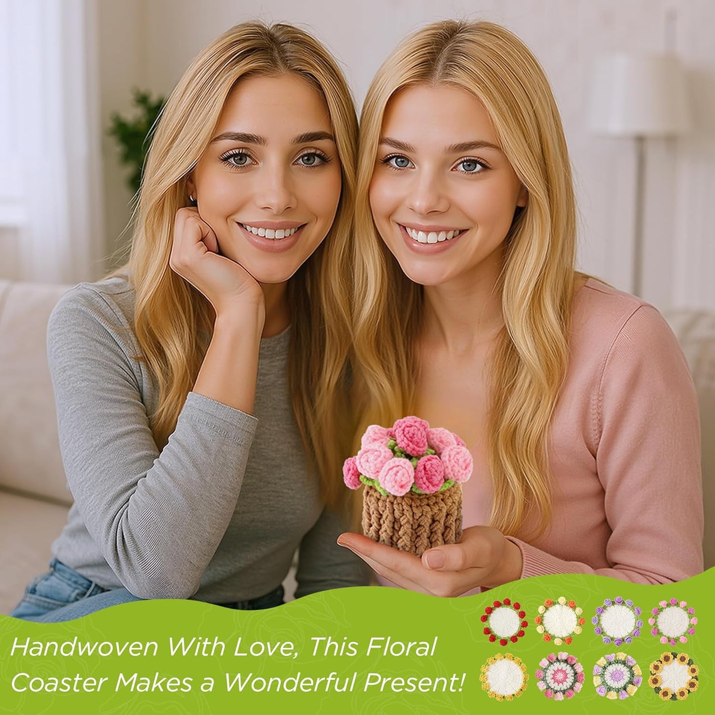 Flower Crochet Coasters, Handmade Bouquet Blanket Coaster with Crochet Plant Pot Fun Soft Decorative Drink Coasters for Coffee Tabletop Protection and Home Decor (Pink, 1Pc)