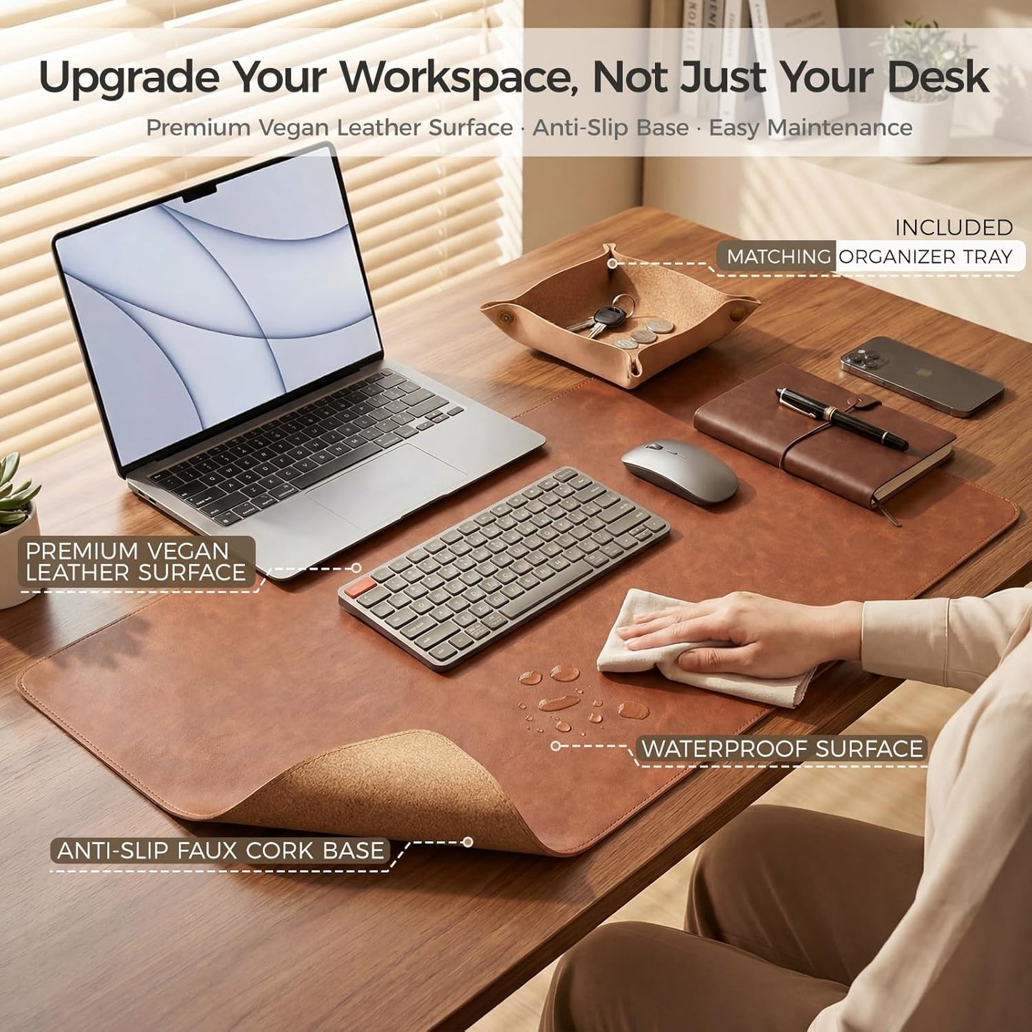 Premium Faux Leather Desk Mat & Tray Set，Innovative Cork-Look Printed Base，Gift Tube Packaging，Full-Desk Coverage，Non-Slip Desk Pad for Office Home（Olive Green）