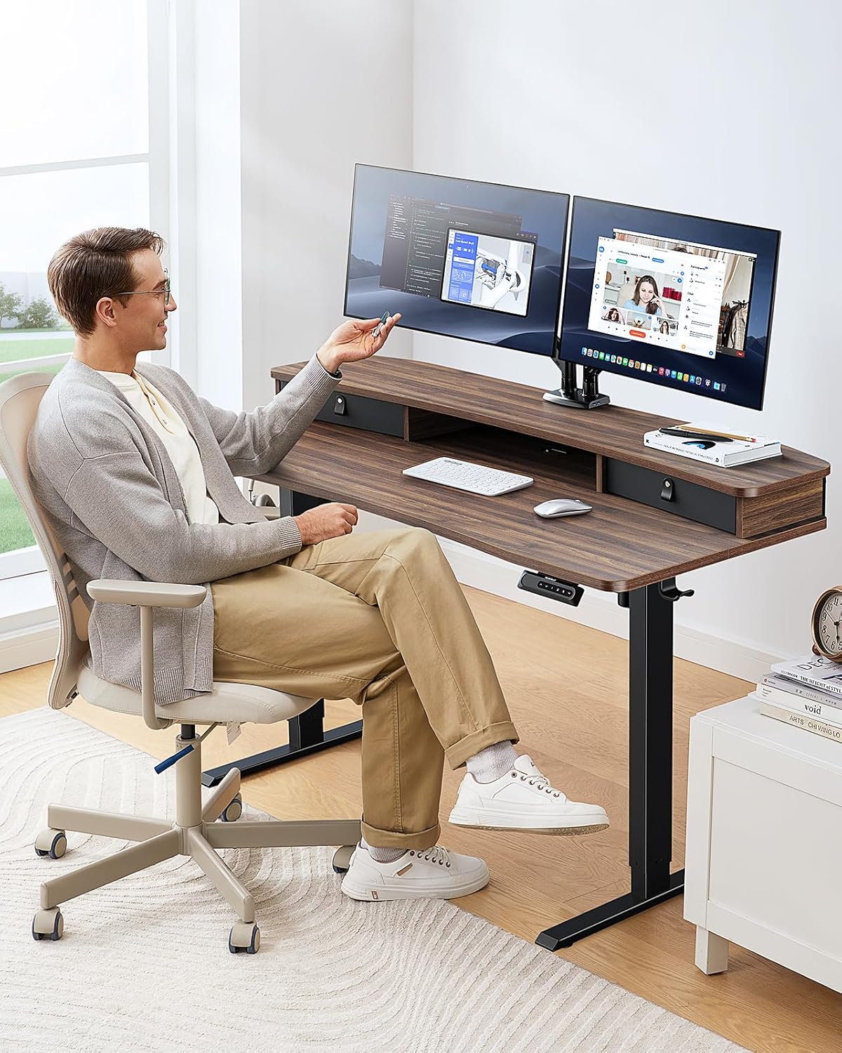 HUANUO 48″ x 24″ Electric Standing Desk with 2 Drawers, C-Clamp Mount Compatible, Height Adjustable Computer Desk, Home Office Stand Up Desk with 4 Preset Heights & 2 Hooks, Black