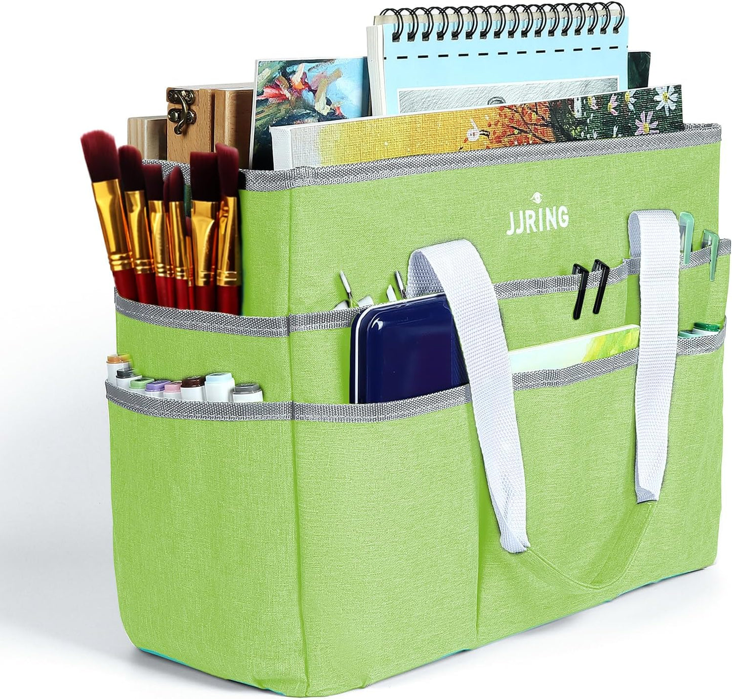 JJRING Craft Organizer Tote Bag for Art Storage, Caddy with Multiple Pockets, Bluish Green Sewing Bag for Scrapbooking, School, Medical, and Office Supplies