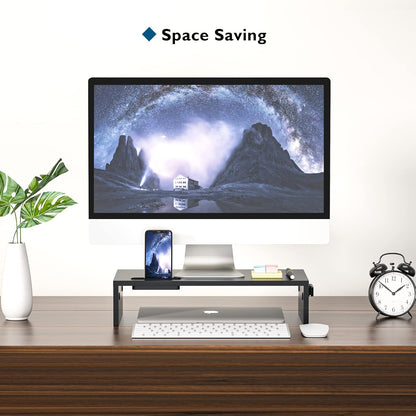 BONTEC Wooden Monitor Stand Riser for Desk, 2-Tier Computer Monitor Stand with Storage, 66 lbs Desk Shelf Organizer, Laptop & Printer Stand with Phone Holder and Cable Management, White, 16.5 Inch