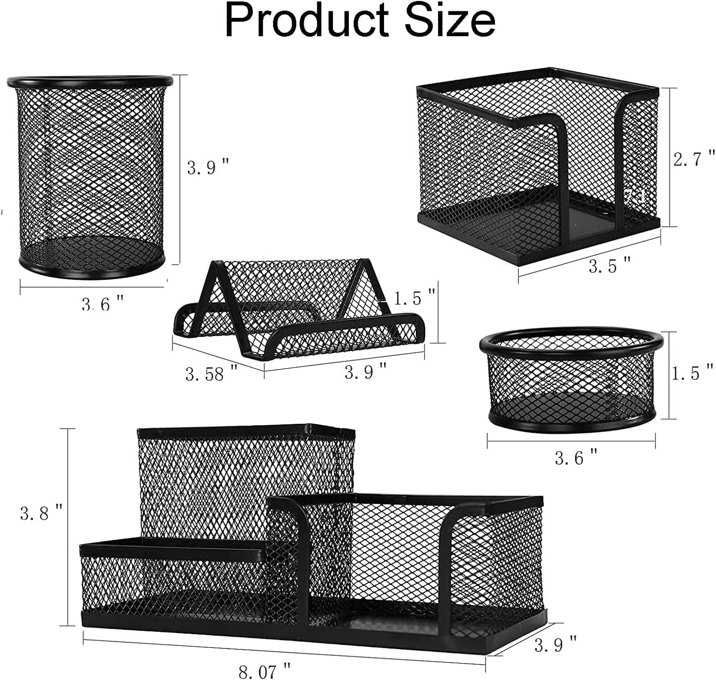 2-Piece Desk Pen & Pencil Organizer - Mesh Metal Pen Cup with Sticky Notes Holder, Black | Pen Cup