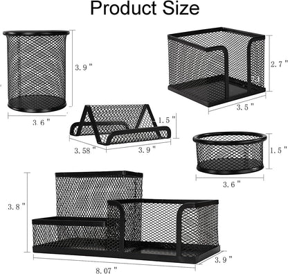 2-Piece Desk Pen & Pencil Organizer - Mesh Metal Pen Cup with Sticky Notes Holder, Black | Pen Cup