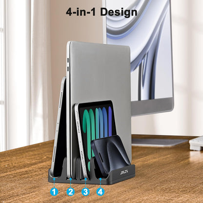 JARLINK 4-in-1 Adjustable Vertical Laptop Stand Holder, Aluminum Dual Slots Laptop Rack for Desk, Space-Saving Organizer Compatible with All MacBook, Surface, Chromebook, and Gaming Laptops (Grey)